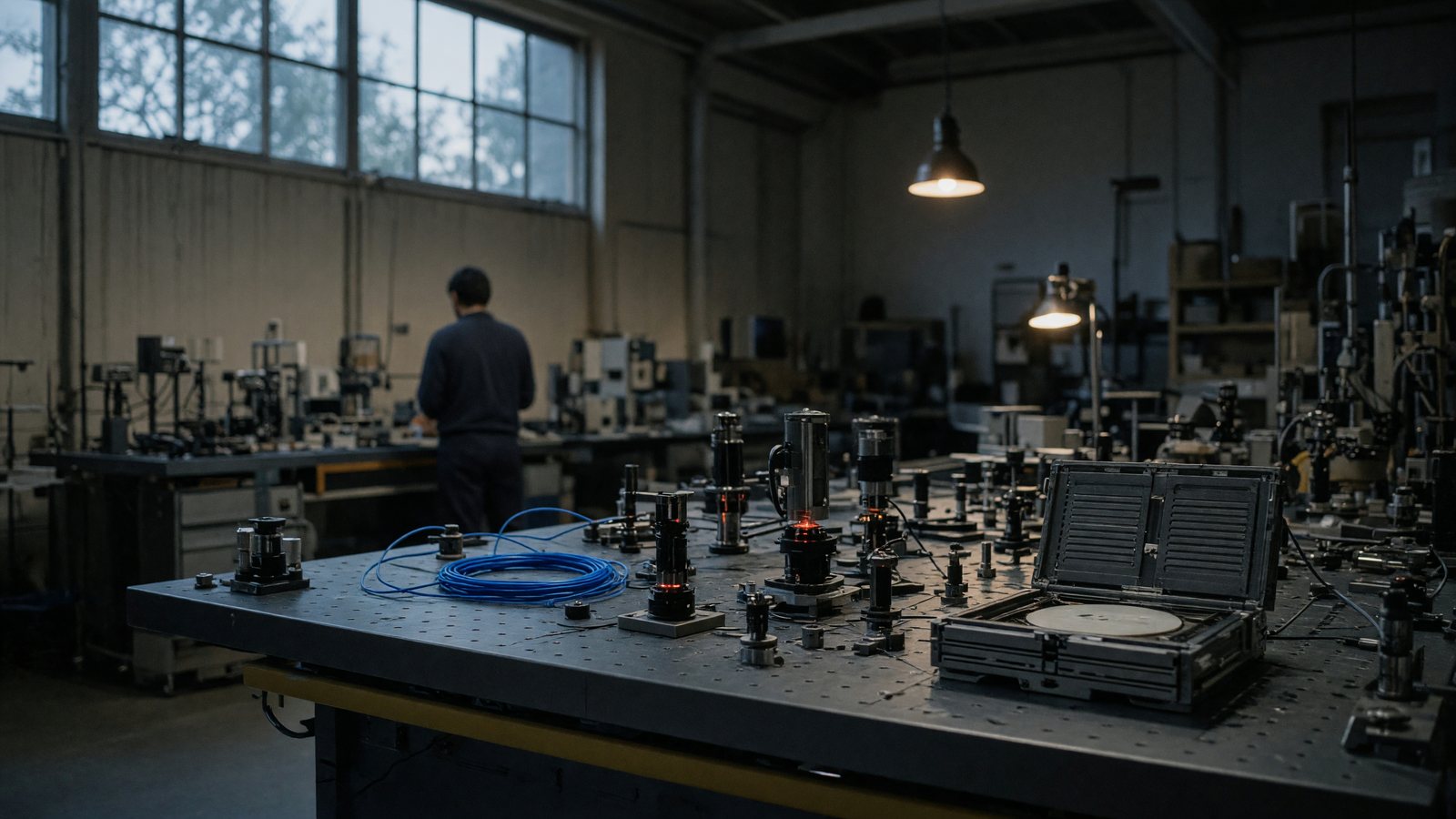 Wide film photograph of a quantum optics lab with lasers, fiber cables, and a silicon wafer cassette.