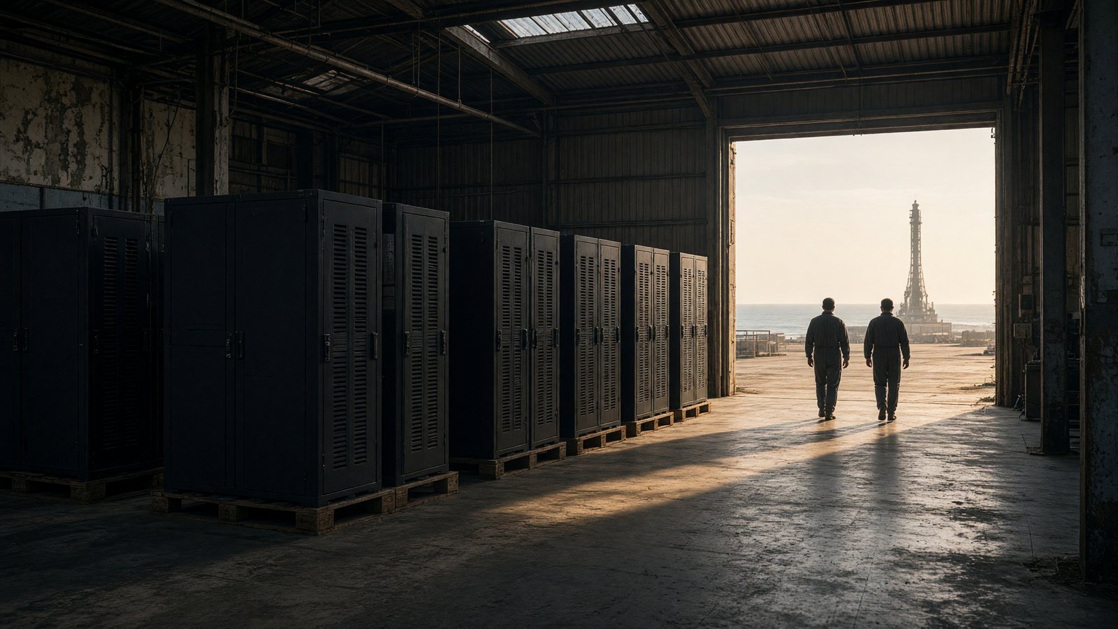 Unlabeled server racks in a coastal warehouse with a distant launch gantry